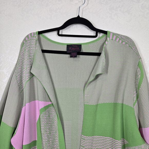 Kayla by Tally Taylor Knit Cardigan Jacket 22 Pink Green Open Front Long Sleeve - Picture 2 of 12